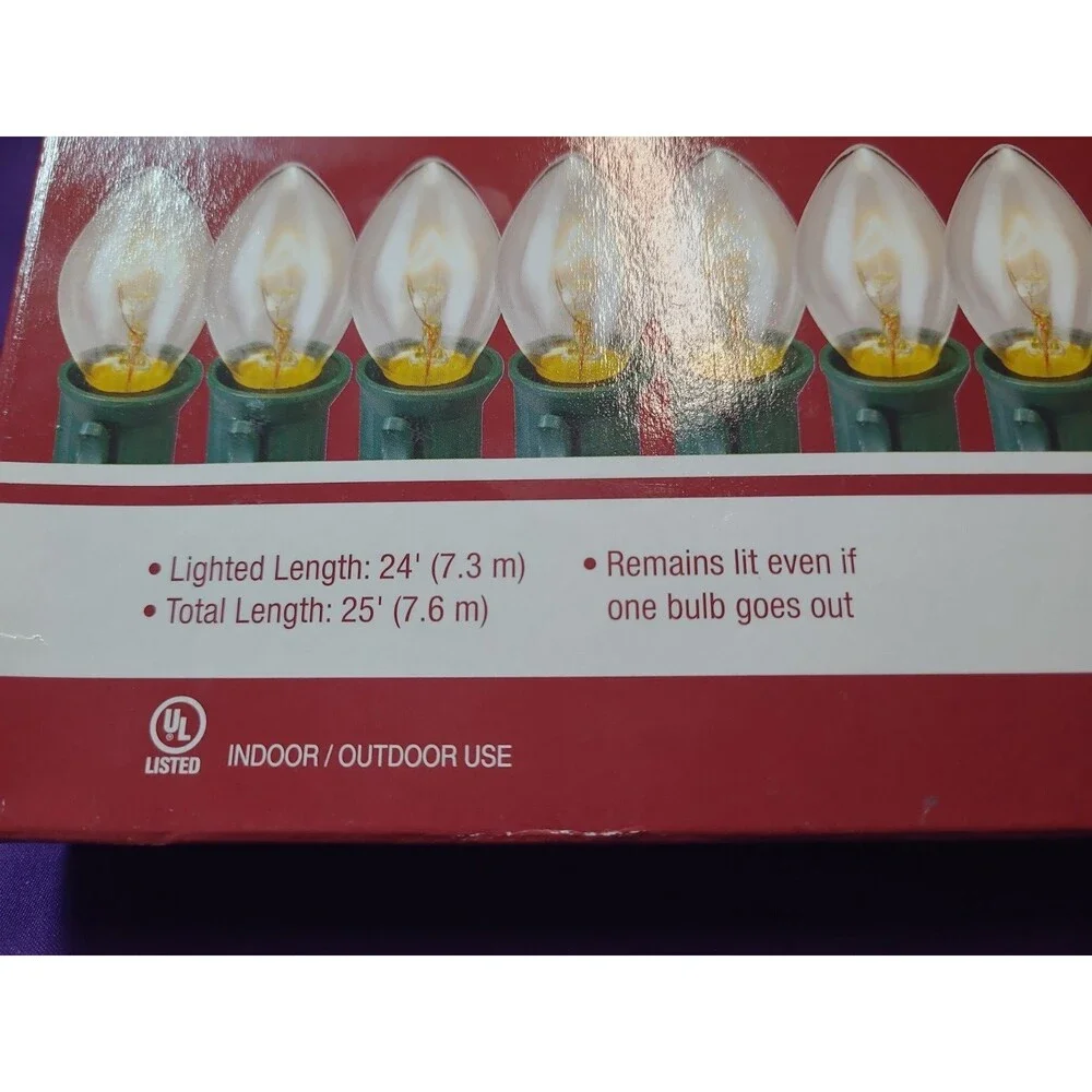 25-Ft 25-Light C7 CLEAR CHRISTMAS String Light Set GREEN WIRE End-To-End